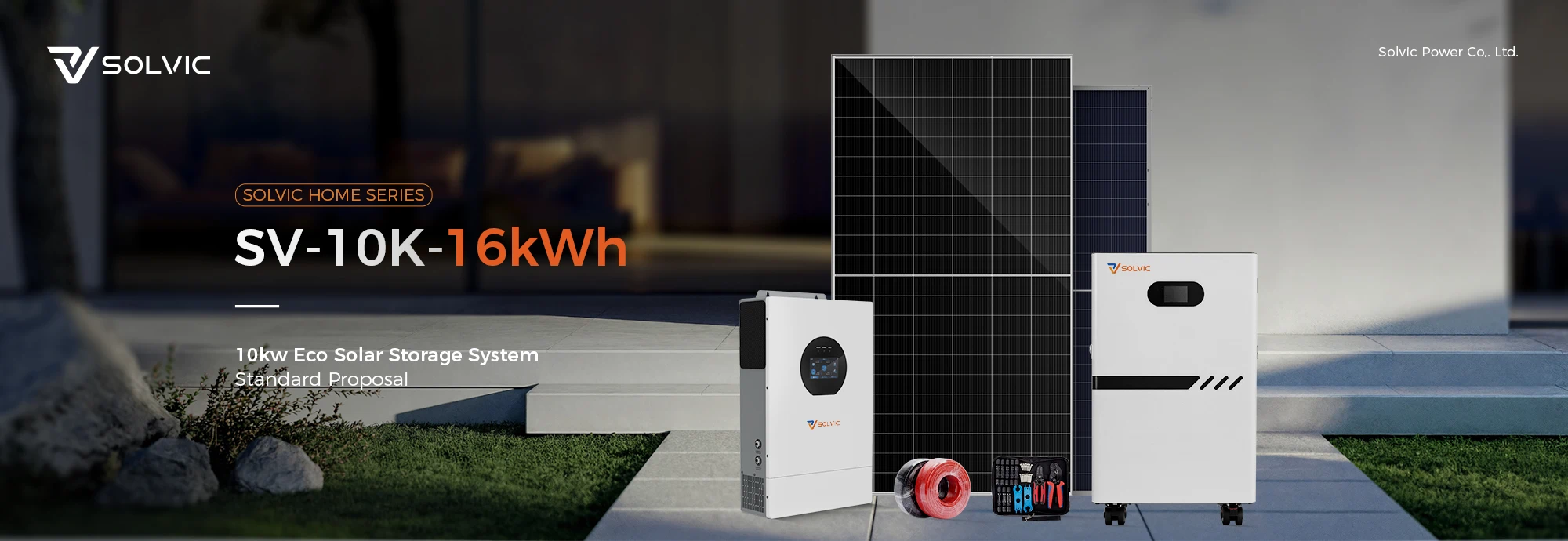 Solvic 10kW split phase solar storage system poster – US residential house with rooftop solar panels, wall-mounted hybrid inverter and battery, providing 120/240V backup power for whole home in North America